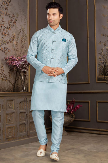 Graceful Light Cyan Color Art Sill Fabric Function Wear Kurta Pyjama With Mirror Work Jacket