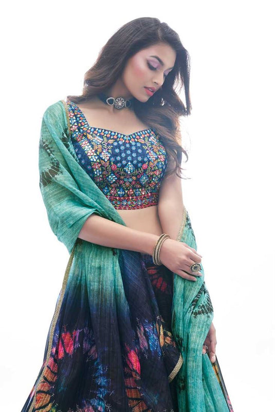 Embroidered Work Navy Blue Color Chiffon Fabric Appealing Lehenga