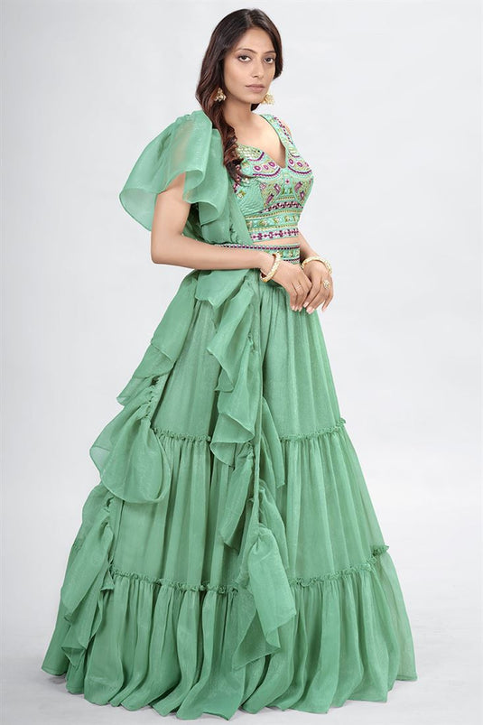 Green Color Chiffon Fabric Enticing Function Wear Lehenga