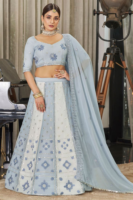 Embroidered Work Beguiling Georgette Fabric Lehenga In Light Cyan Color