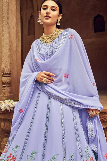 Georgette Fabric Lavender Color Engaging Embroidered Lehenga