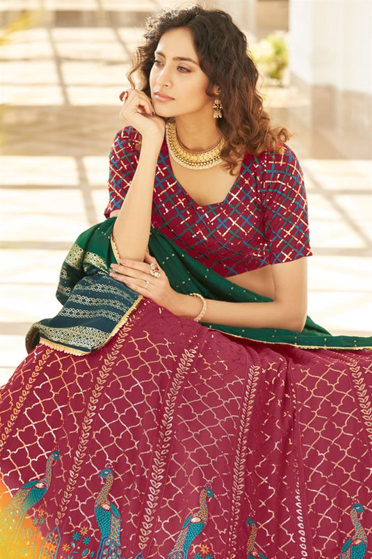 Georgette Fabric Sangeet Wear Attractive Lehenga In Rani Color