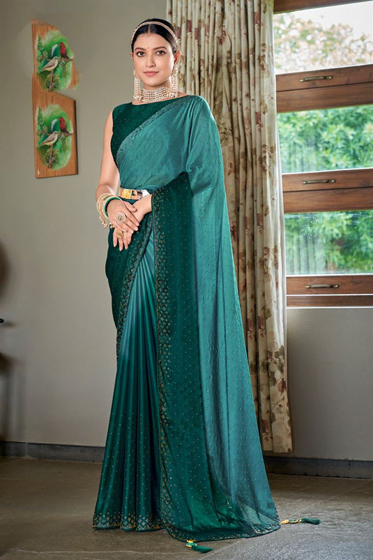 Party Look Art Silk Fabric Enticing Saree In Teal Color