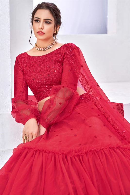 Net Red Color Stunning Embroidered Wedding Lehenga Choli