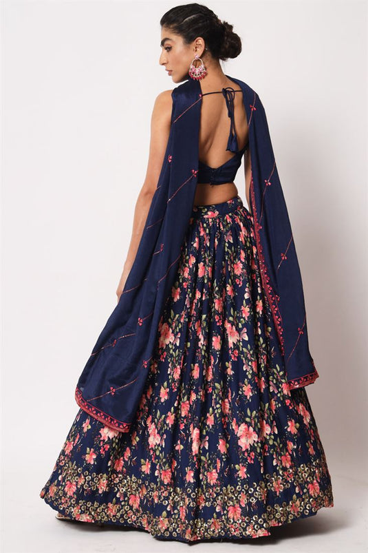 Dazzling Navy Blue Color Printed Lehenga In Art Silk Fabric