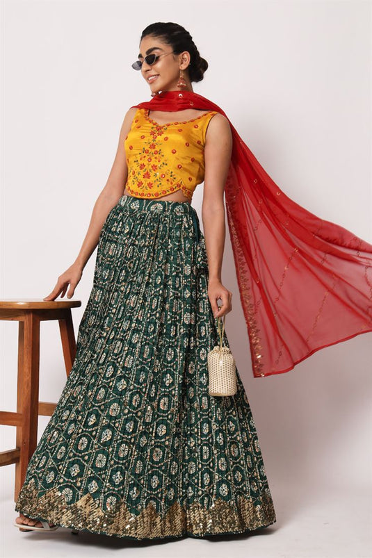 Marvellous Art Silk Fabric Printed Lehenga In Green Color