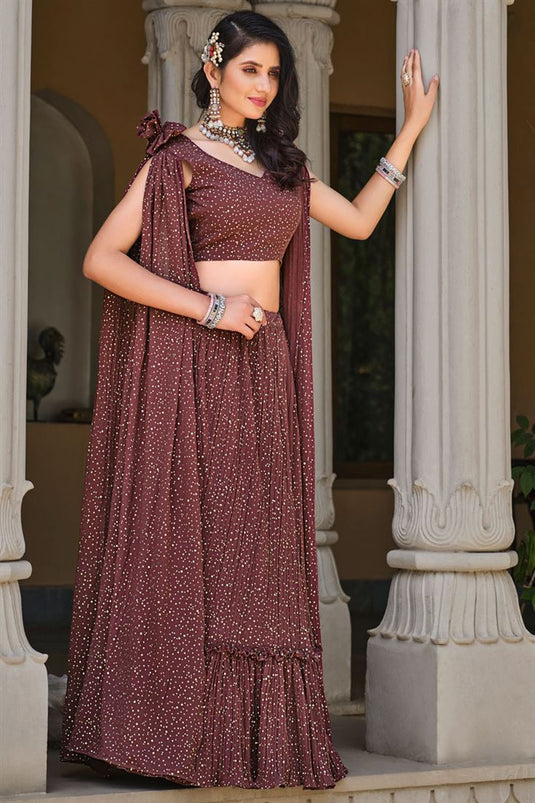 Enhance Your Function Look Foil Printed Georgette Lehenga In Brown Color