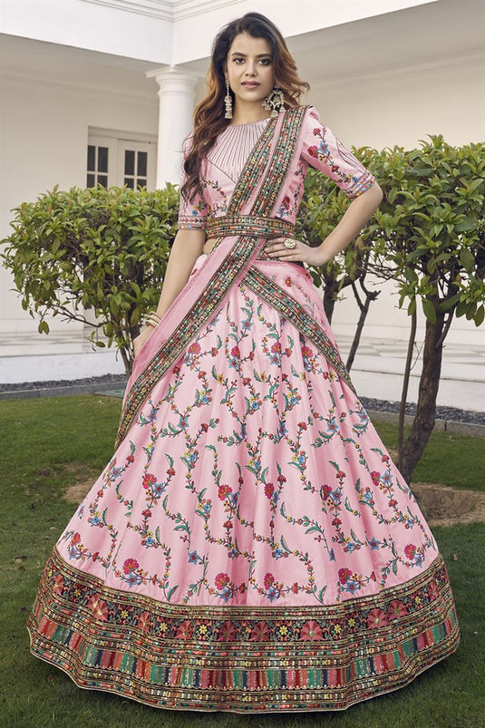 Heavy Art Silk Fabric Pink Color Trendy Lehenga Choli With Embroidered Work