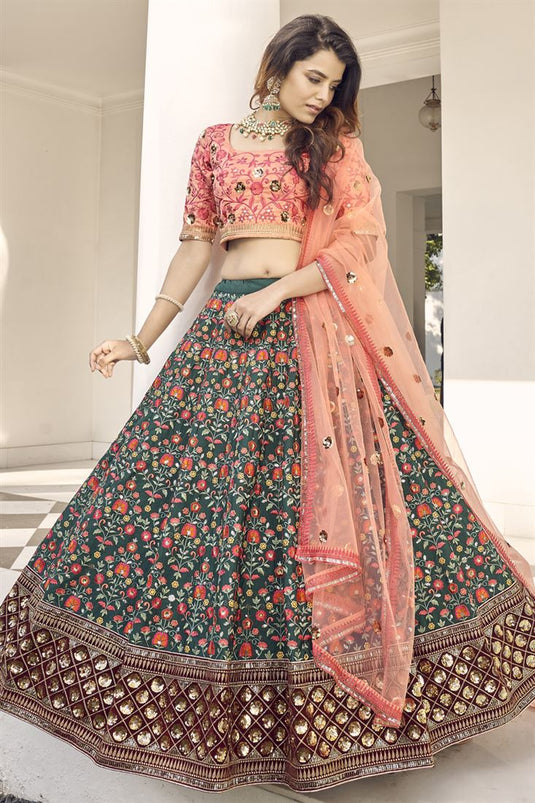 Alluring Heavy Art Silk Fabric Dark Green Color Lehenga With Embroidered Work