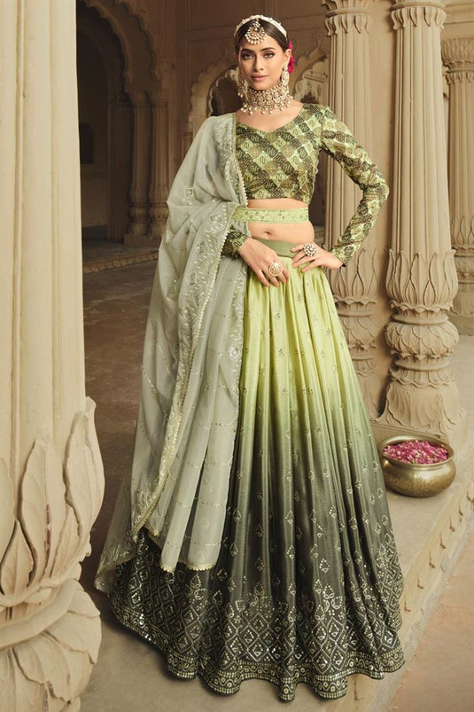 Art Silk Fabric Mehendi Green Color Lehenga With Intricate Sequins Work