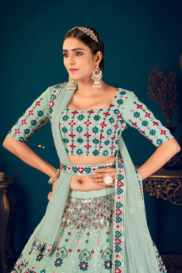 Gorgeous Sea Green Embroidered Sangeet Wear Lehenga Choli In Georgette Fabric