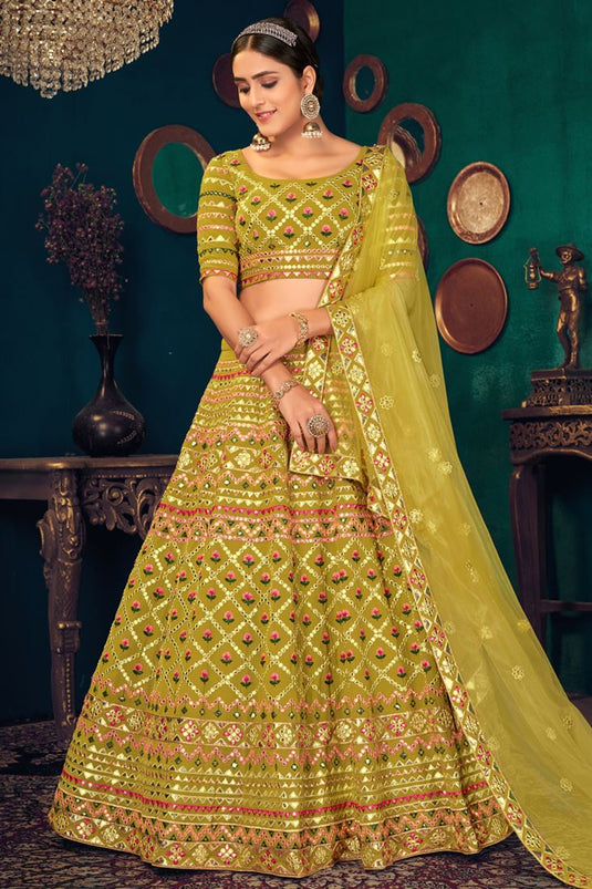 Wedding Wear Green Color Embroidered Lehenga Choli In Georgette Fabric