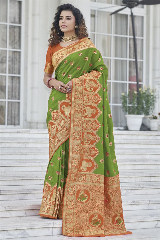 Brilliant Weaving Work Sangeet Wear Art Silk Fabric Saree In Green Color