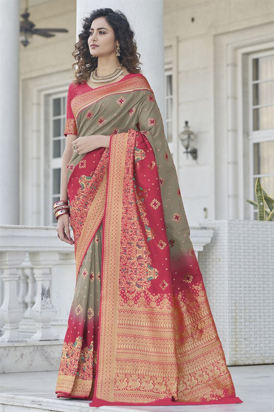 Grey Color Designer Sangeet Wear Art Silk Fabric Saree With Weaving Work