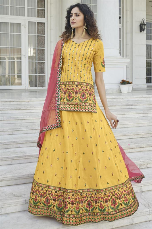 Yellow Color Embroidered Designs On Chinon Fabric Function Wear Beatific Lehenga