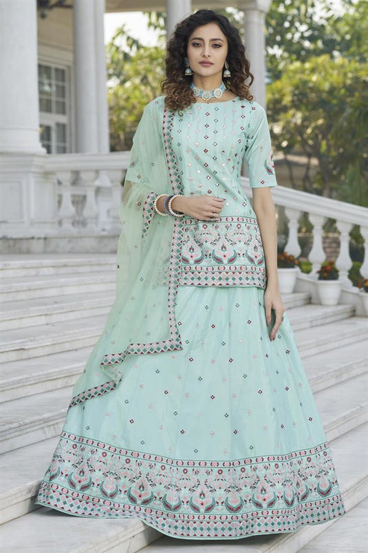 Beguiling Embroidered Work On Light Cyan Color Chinon Fabric Function Wear Lehenga Choli