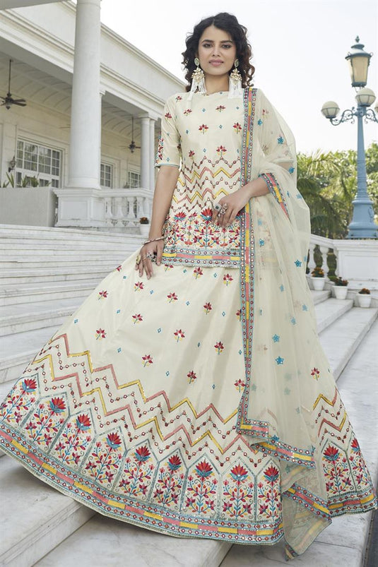 Incredible Embroidered Work On Chinon Fabric Beige Color Function Wear Lehenga