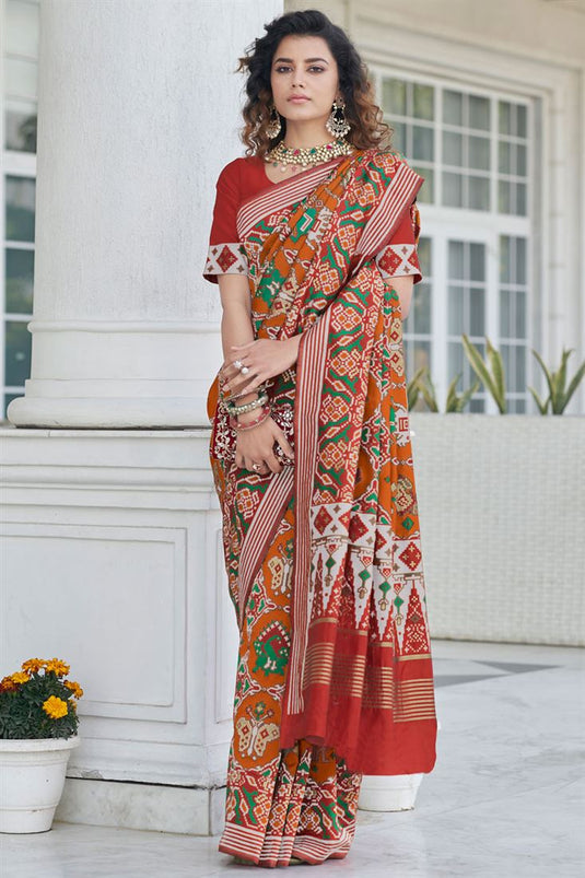Orange Color Patola Silk Fabric Engaging Weaving Work Saree