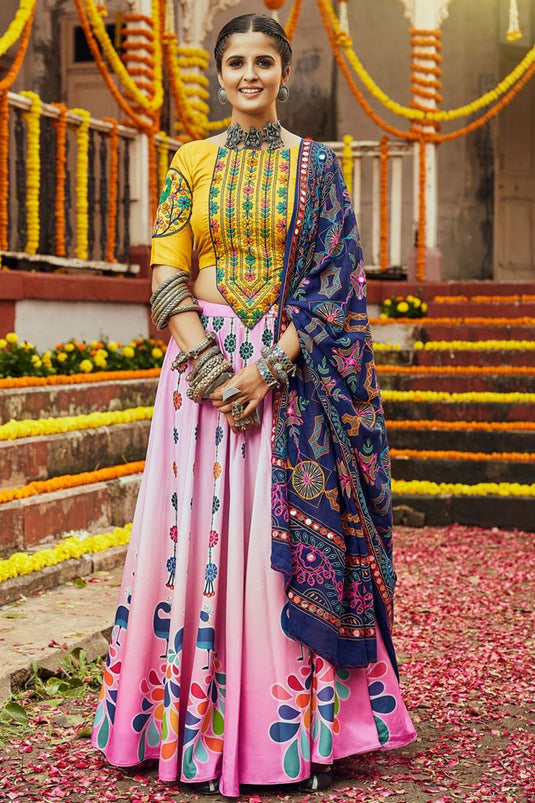 Navratri Special Radiant Pink Color Cotton Fabric Digital Printed Lehenga