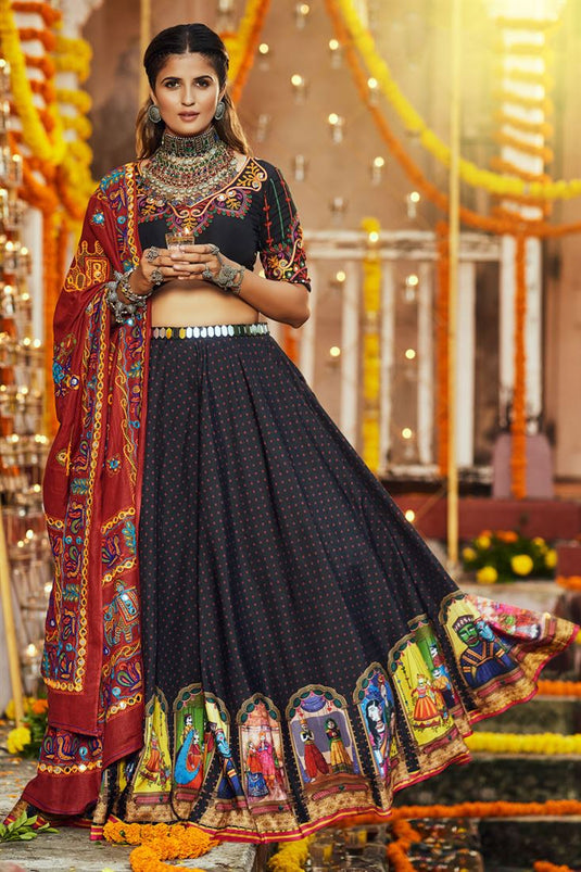 Navratri Special Creative Cotton Fabric Digital Printed Lehenga In Black Color