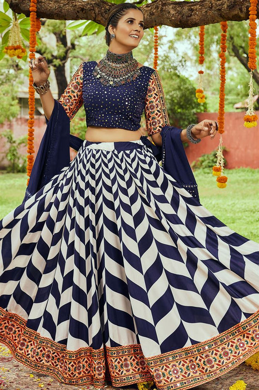 Navratri Special Marvelous Cotton Fabric Digital Printed Lehenga In Navy Blue Color