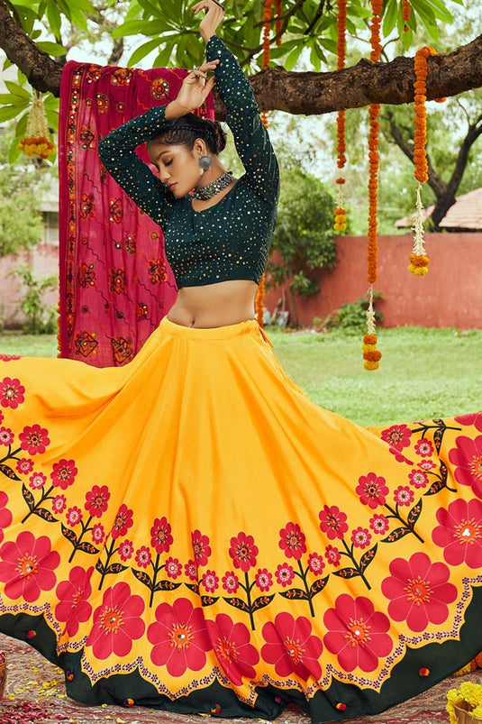 Navratri Special Yellow Color Tempting Digital Printed Lehenga In Cotton Fabric