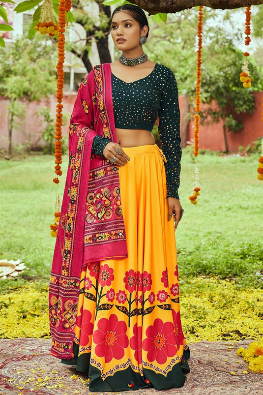 Navratri Special Yellow Color Tempting Digital Printed Lehenga In Cotton Fabric