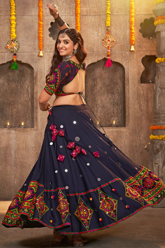 Navratri Special Embroidered Work Navy Blue Color Viscose Rayon Fabric Beatific Lehenga Choli