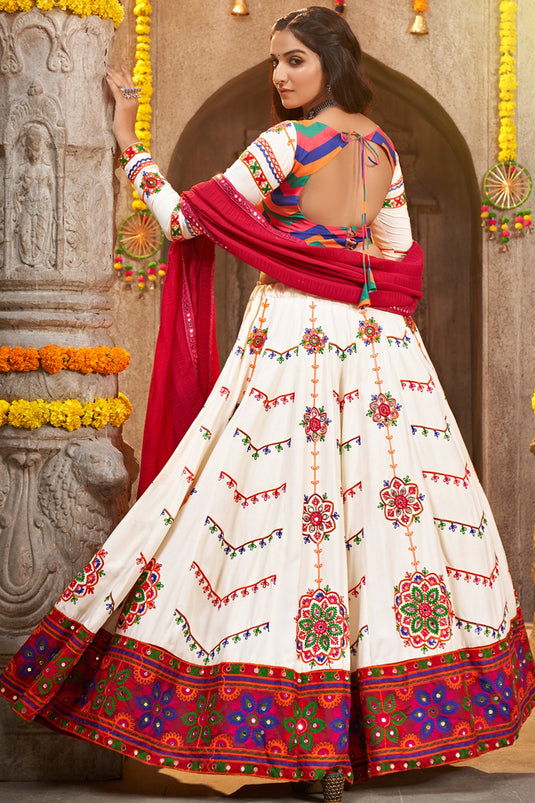 Navratri Special Embroidered Work On Viscose Rayon Fabric Beige Color Awesome Lehenga Choli