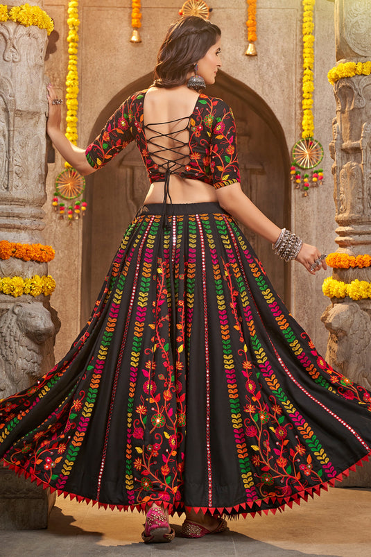 Engaging Black Color Viscose Rayon Fabric Embroidered Work Navratri Special Lehenga Choli