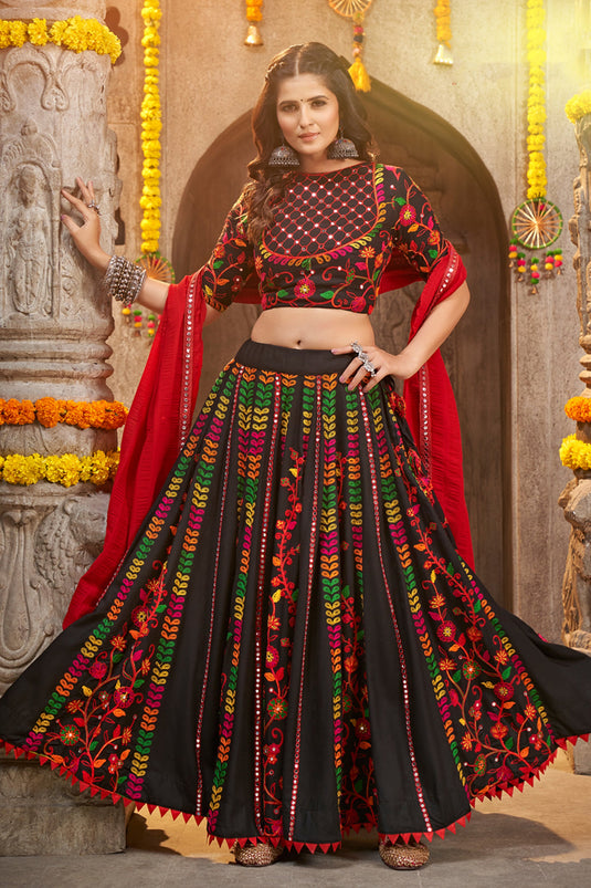 Engaging Black Color Viscose Rayon Fabric Embroidered Work Navratri Special Lehenga Choli