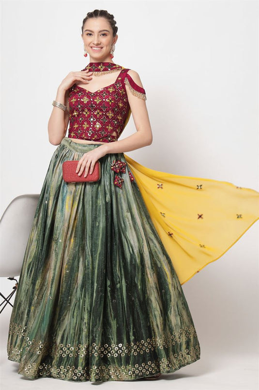 Chinon Fabric Green Color Function Wear Glamorous Printed Lehenga