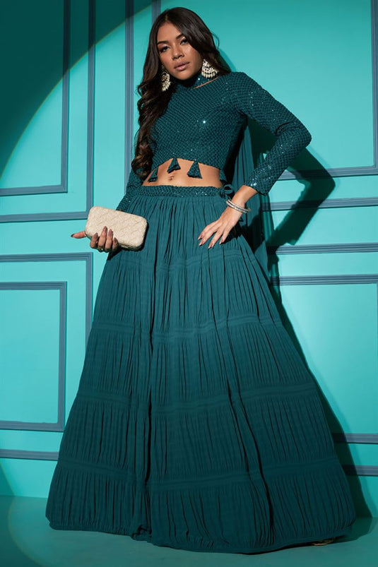 Delicate Teal Color Georgette Function Style Pleating Pattern Lehenga