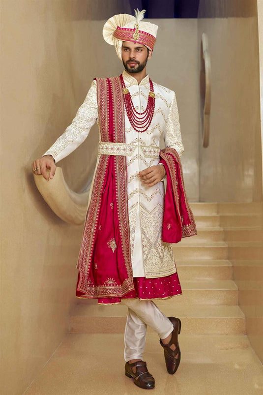 Gorgeous Off White Color Fancy Fabric Heavy Embroidered Designer Indowestern Groom Sherwani