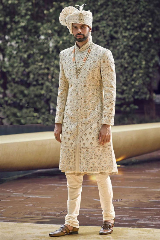 Captivating Beige Color Heavy Embroidered Designer Groom Sherwani