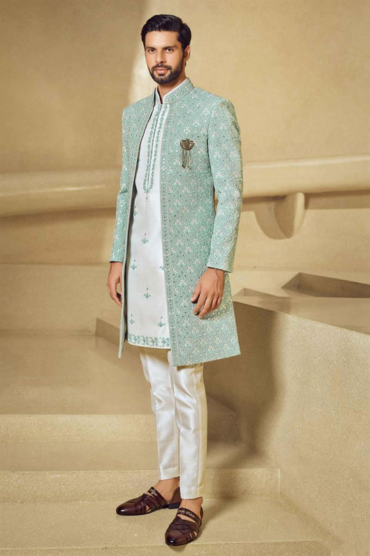 Striking Light Cyan Color Fancy Fabric Heavy Embroidered Designer Indowestern Groom Sherwani