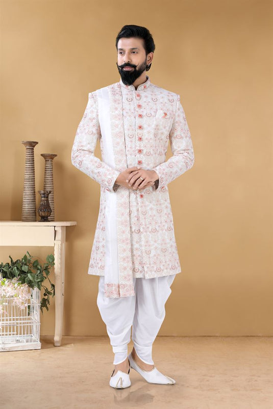 Appealing Peach Color Fancy Fabric Reception Wear Stylish Readymade Peshawari Style Groom Sherwani For Men