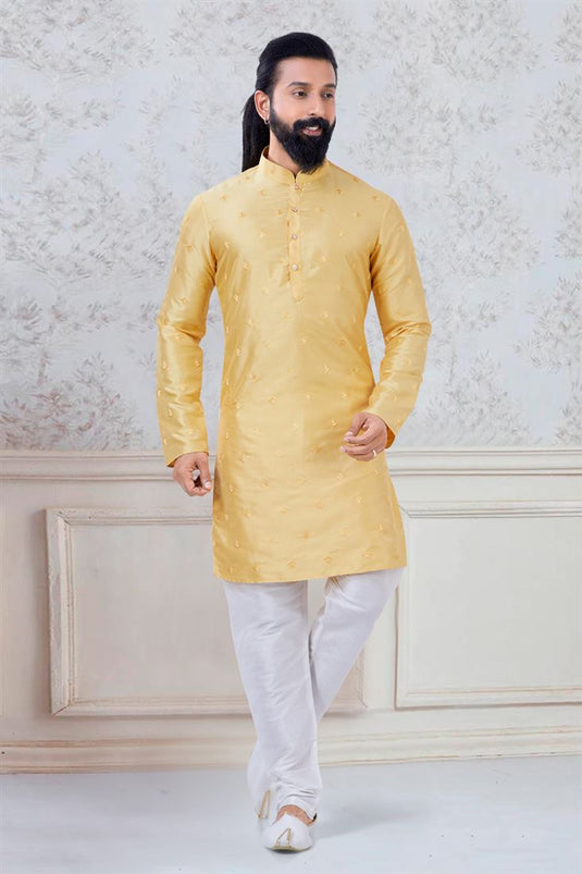 Stunning Yellow Color Art Silk Fabric Festive Wear Trendy Readymade Kurta Pyjama For Men