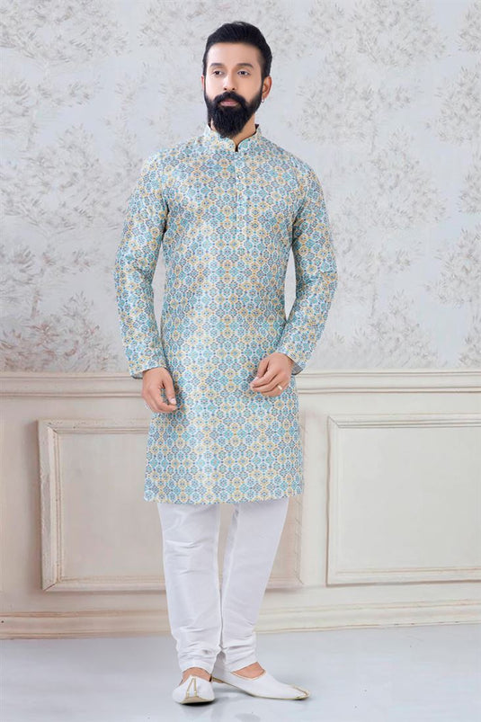 Attractive Sea Green Color Art Silk Fabric Function Wear Trendy Readymade Kurta Pyjama For Men