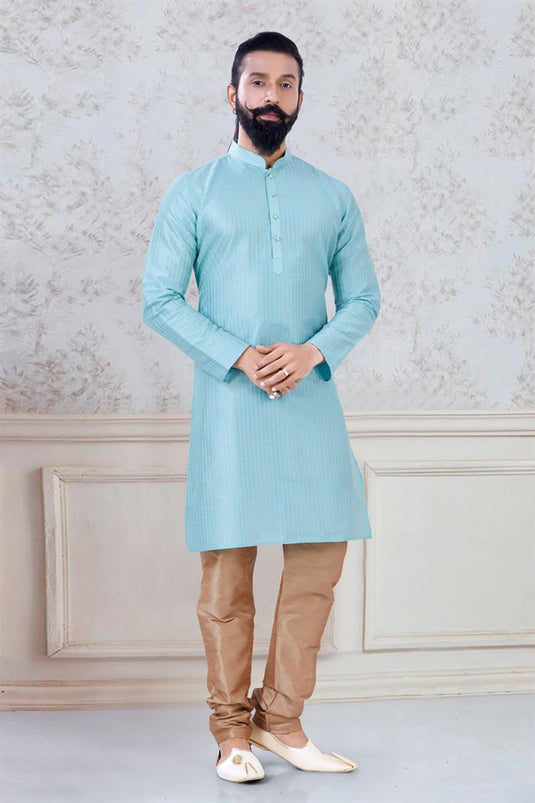 Pretty Cyan Color Art Silk Fabric Festive Wear Fancy Readymade Kurta Pyjama For Men