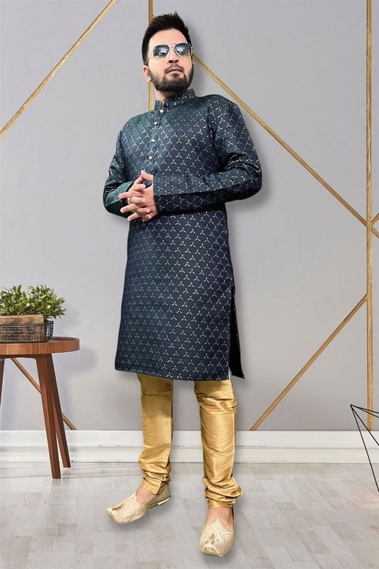 Teal Jacquard Fabric Trendy Readymade Kurta Pyjama For Men