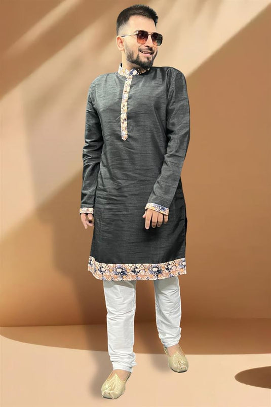 Fancy Black Color Silk Fabric Function Wear Readymade Kurta Pyjama For Men