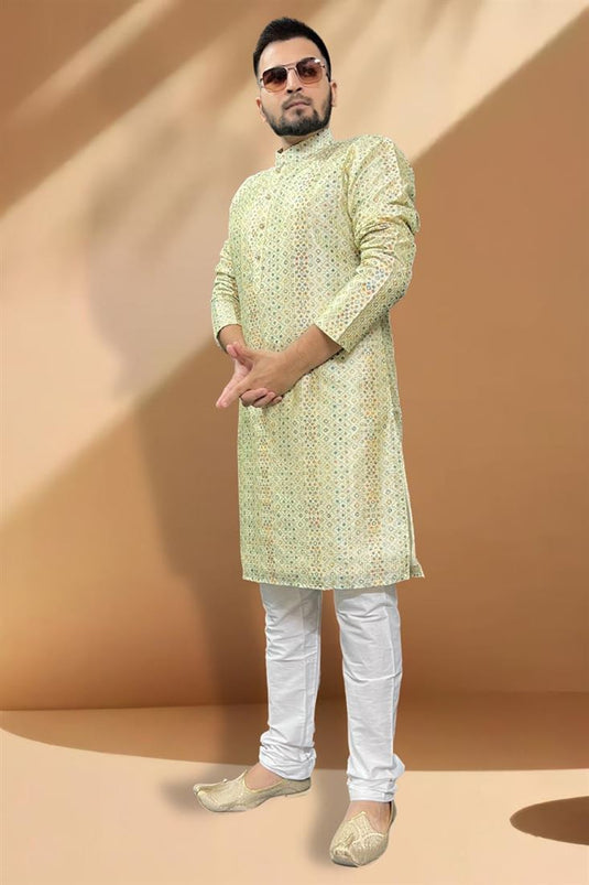 Beige Color Sangeet Wear Pretty Kurta Pyjama For Men In Silk Fabric