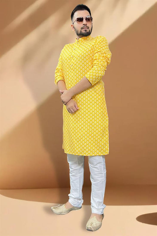 Beautiful Cotton Fabric Wedding Wear Kurta Pyjama For Men In Yellow Color