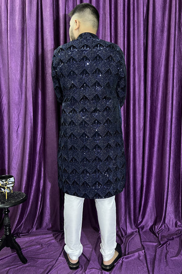 Blue Color Gorgeous Velvet Fabric Reception Wear Readymade Kurta Pyjama For Men