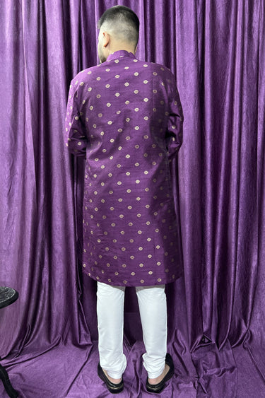 Reception Wear Jacquard Fabric Attractive Readymade Men Kurta Pyjama In Purple Color