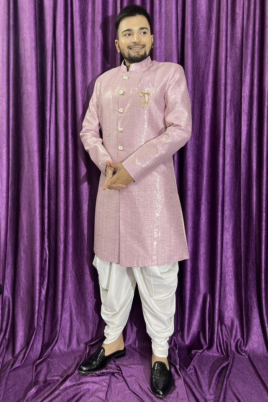 Pink Color Silk Fabric Wedding Wear Readymade Peshawari Style Indo Western For Men