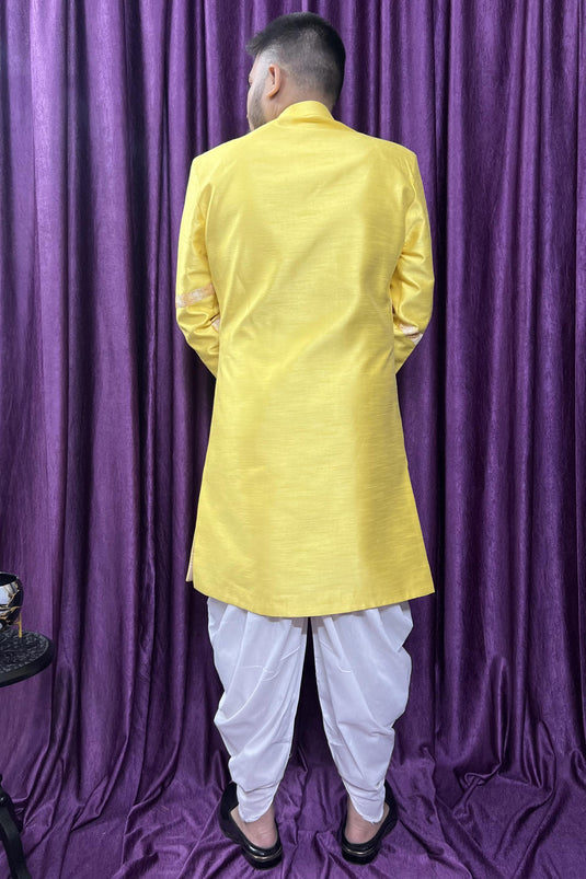 Yellow Silk Fabric Wedding Wear Trendy Readymade Peshawari Style Indo Western For Men