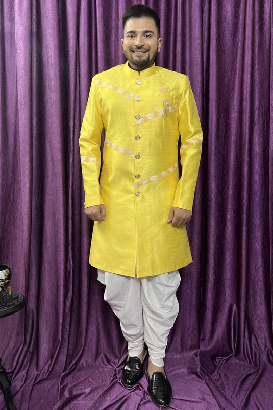 Yellow Silk Fabric Wedding Wear Trendy Readymade Peshawari Style Indo Western For Men