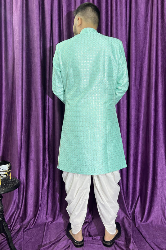 Silk Wedding Wear Attractive Readymade Men Peshawari Style Indo Western In Sea Green Color